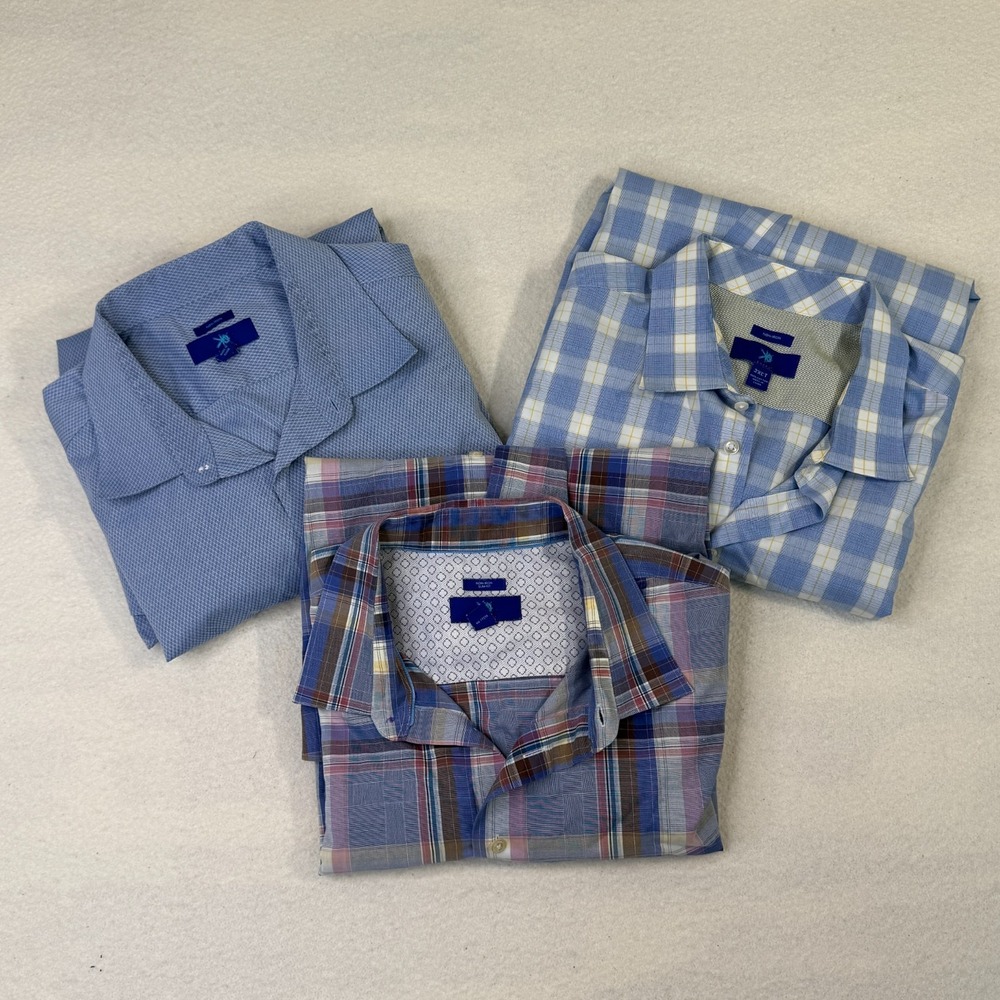 3 Pack Egara Non-Iron Cotton Blue Plaid Button-Down Shirts Mens 2XL Long Sleeve